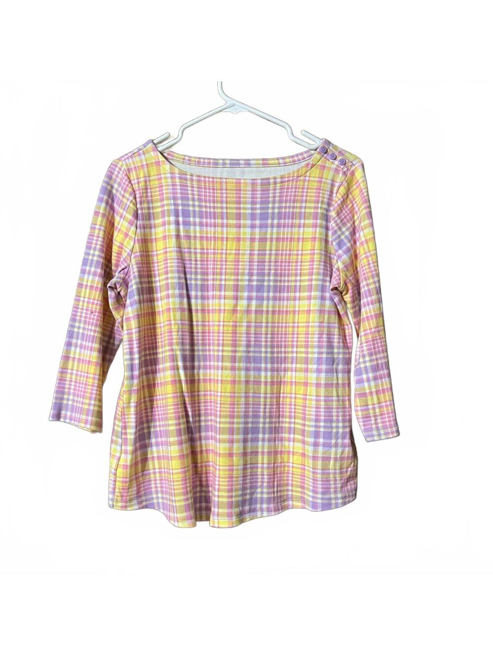 Charter Club Women's Plaid 3/4 Sleeve Cotton Shirt Medium